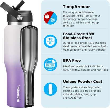 HYDROWION 32oz Stainless Steel Water Bottle(Cold for 48 Hrs, Hot for 24 Hrs),Double Wall Vacuum Insulated Water Bottle with Straw Lid, Spout Lid and Flex Cap, Fit in Any Car Cup Holder,Black
