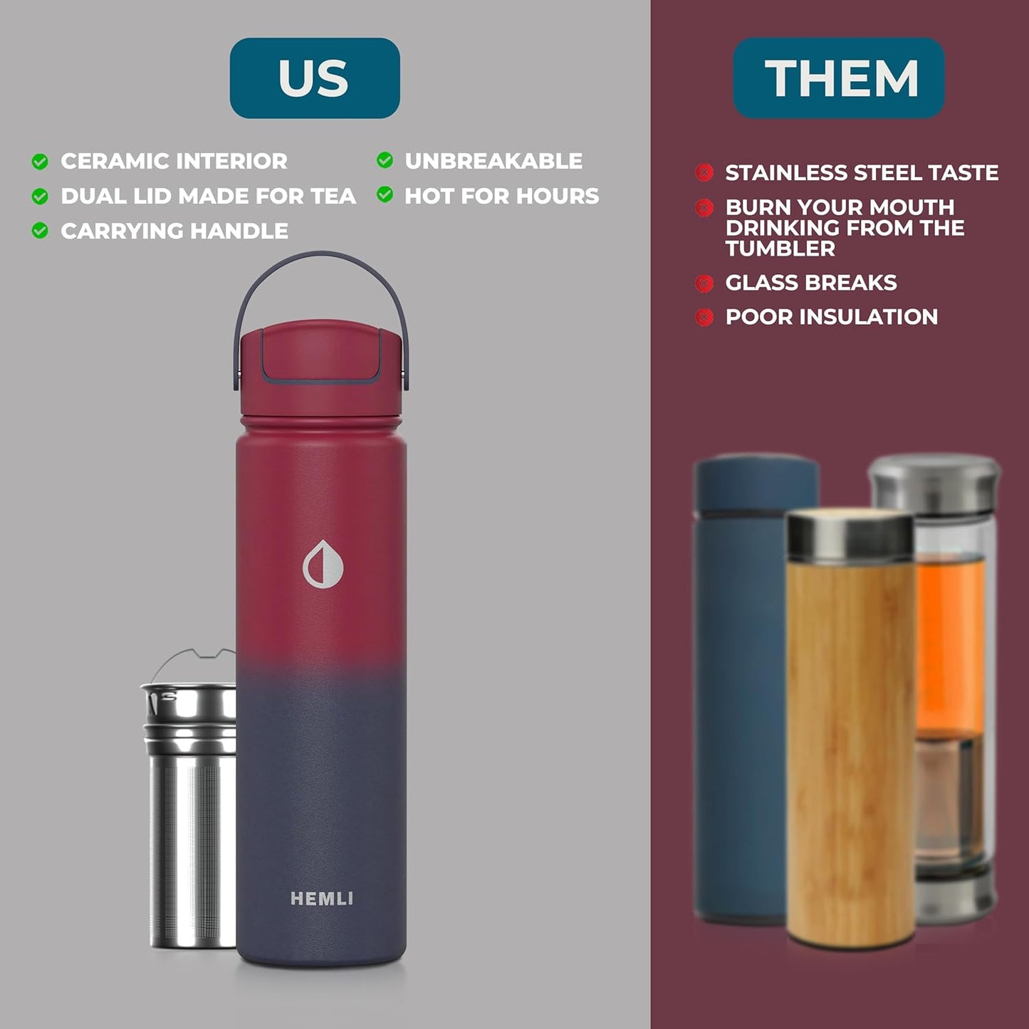 22 oz Ceramic Lined Tea Infuser Travel Tumbler, Micro-Mesh Stainless Steel Infuser, Pure Taste Ceramic Interior, Triple Insulated 12hr Hot Cold, Dual Sip & Straw Lid, Scratch-Resistant