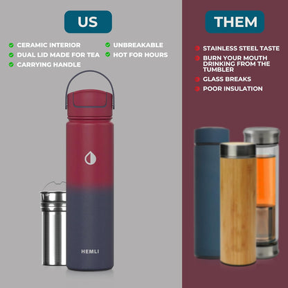 22 oz Ceramic Lined Tea Infuser Travel Tumbler, Micro-Mesh Stainless Steel Infuser, Pure Taste Ceramic Interior, Triple Insulated 12hr Hot Cold, Dual Sip & Straw Lid, Scratch-Resistant