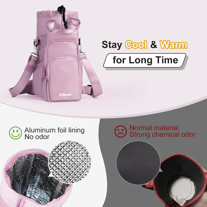 Water Bottle Holder with Strap, 4 Big Pockets with Compartment, 24oz/32oz/40oz Crossbody Water Bottle Carrier Bag