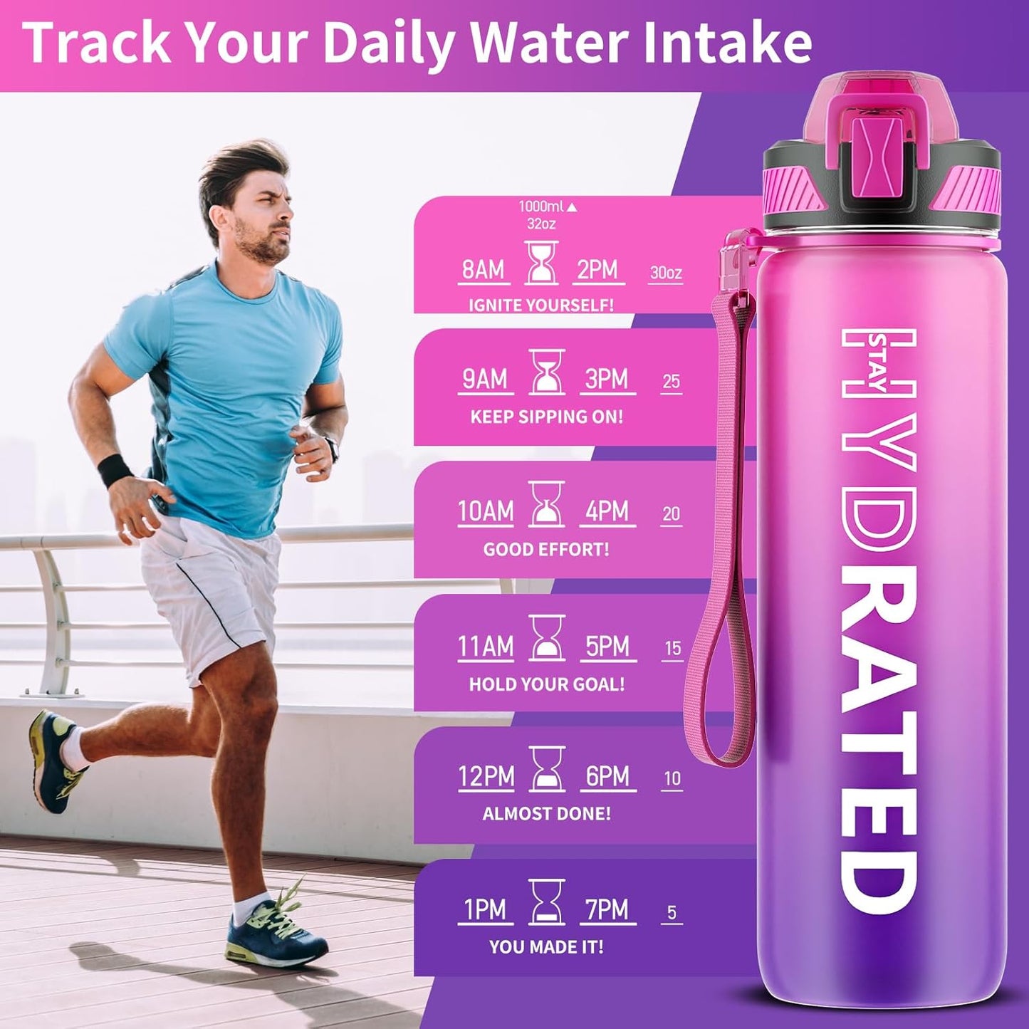 QLUR Water Bottle with Straw, 32oz Motivational Water Bottles with Time Marker to Drink, Tritan BPA Free, 1L Sports Water Bottle with Carry Strap LeakProof for Women Gym Fitness Outdoor (1 Pack)