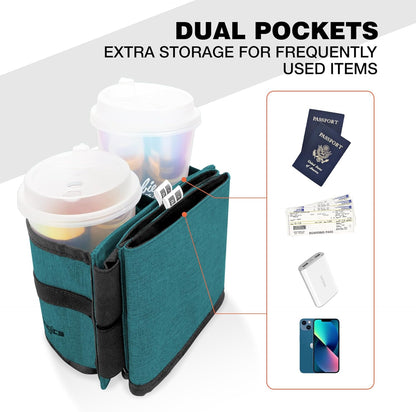 Perilogics Luggage Travel Cup Holder Hands Free Drink Caddy for Suitcase Handle. Perfect Airplane Travel Essential Accessory Gift for Frequent Traveler, Flight Attendant or with Children (Dark Gray)
