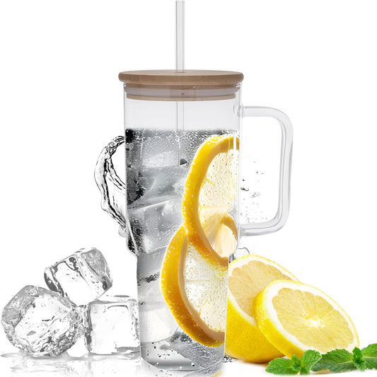 Hobby Lobby Jumbo Clear Glass Tumbler With Straw And Lid 40 Oz - With Handle, Bamboo Lid - for All-Day Hydration - Ideal Iced Coffee Tumbler Glass for Home, Office or Travel