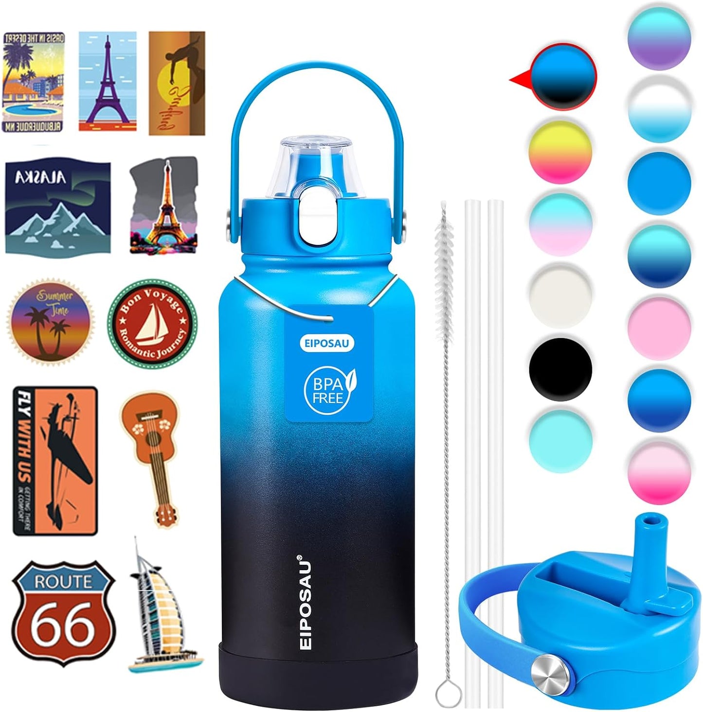 Insulated Water Bottle with Lid & Boot & Stickers, 24 oz Stainless Steel Sweat Free Bottle Keep Cold 24H, BPA-Free Sports Wide Mouth Water Bottle, BlueBlack