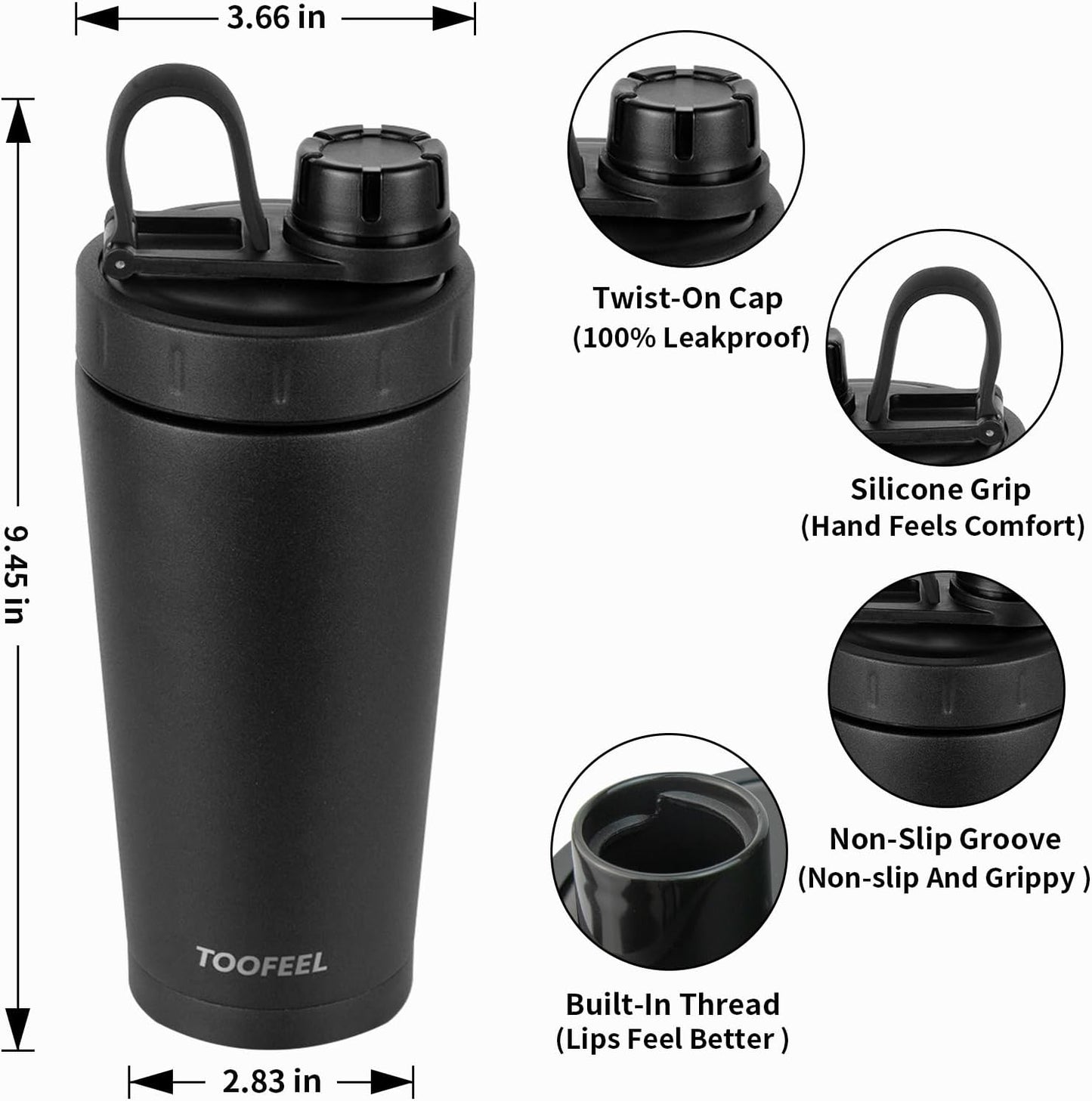 TOOFEEL Protein Shaker Bottle 20 oz - Double Walled Insulated Vacuum Cup for Protein Shakes, Keeps Cold/Hot, Metal Stainless Steel, Preworkout Gym