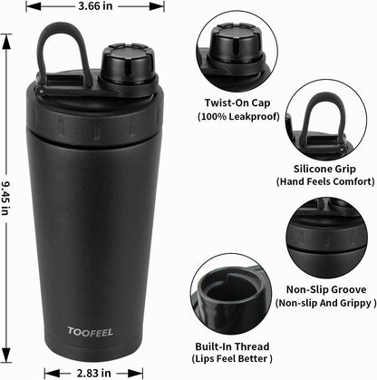 TOOFEEL Protein Shaker Bottle 20 oz - Double Walled Insulated Vacuum Cup for Protein Shakes, Keeps Cold/Hot, Metal Stainless Steel, Preworkout Gym