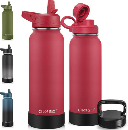 CIVAGO 32 oz Insulated Water Bottle With Straw, Stainless Steel Sports Water Cup Flask with 3 Lids (Straw, Spout and Handle Lid), Wide Mouth Travel Thermal Mug, Black