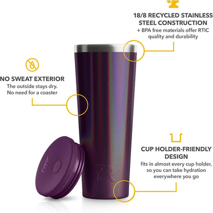 RTIC 20oz Everyday Tumbler Insulated Stainless Steel Portable Travel Coffee Cup with Straw, Ceramic Lining, Spill-Resistant Lid, BPA-Free, Hot and Cold Drink, Beach