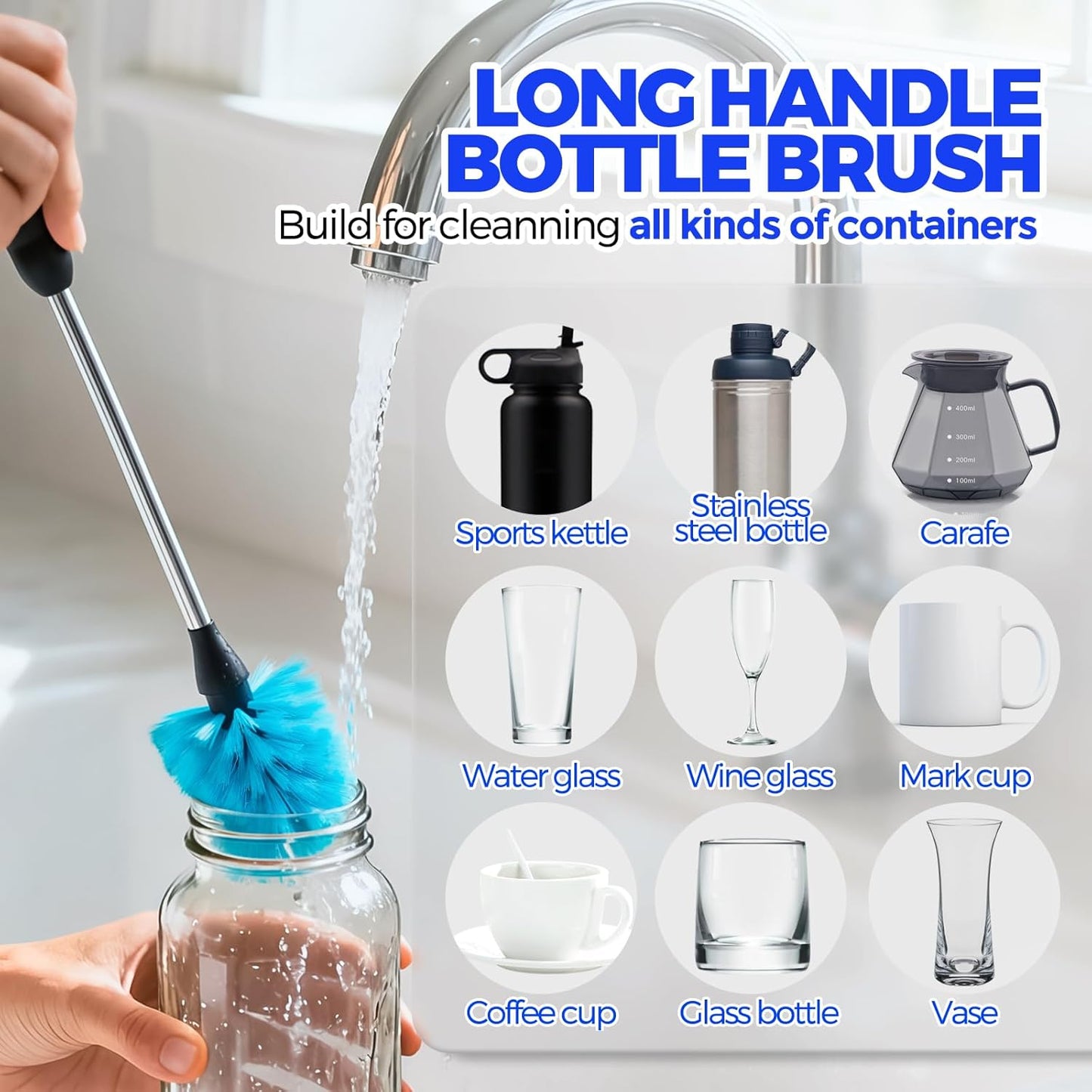 Holikme 4 Pack Bottle Brush Set, 14.5" Long Handle Stainless Steel Bottle Cleaner Brush, Long-Handled 4-in-1 Stainless Steel Bottle Brushes for Water Bottle, Cups, Abrasive Wheel Brushes, Blue