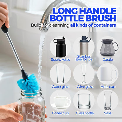 Holikme 6 Pack Bottle Brush Set, 14.5" Long Handle Stainless Steel Bottle Cleaner Brush, Long-Handled 6-in-1 Stainless Steel Bottle Brushes for Water Bottle, Cups, Abrasive Wheel Brushes, Blue
