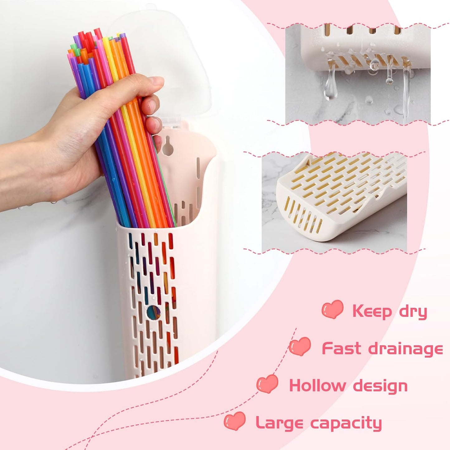 AceOrbit 3 Pack Plastic Straw Dispenser 11 Inch Straw Drying Rack Chopstick Box Plastic Drain Rack with Dust Cover for Kitchen Cabinet & Counter