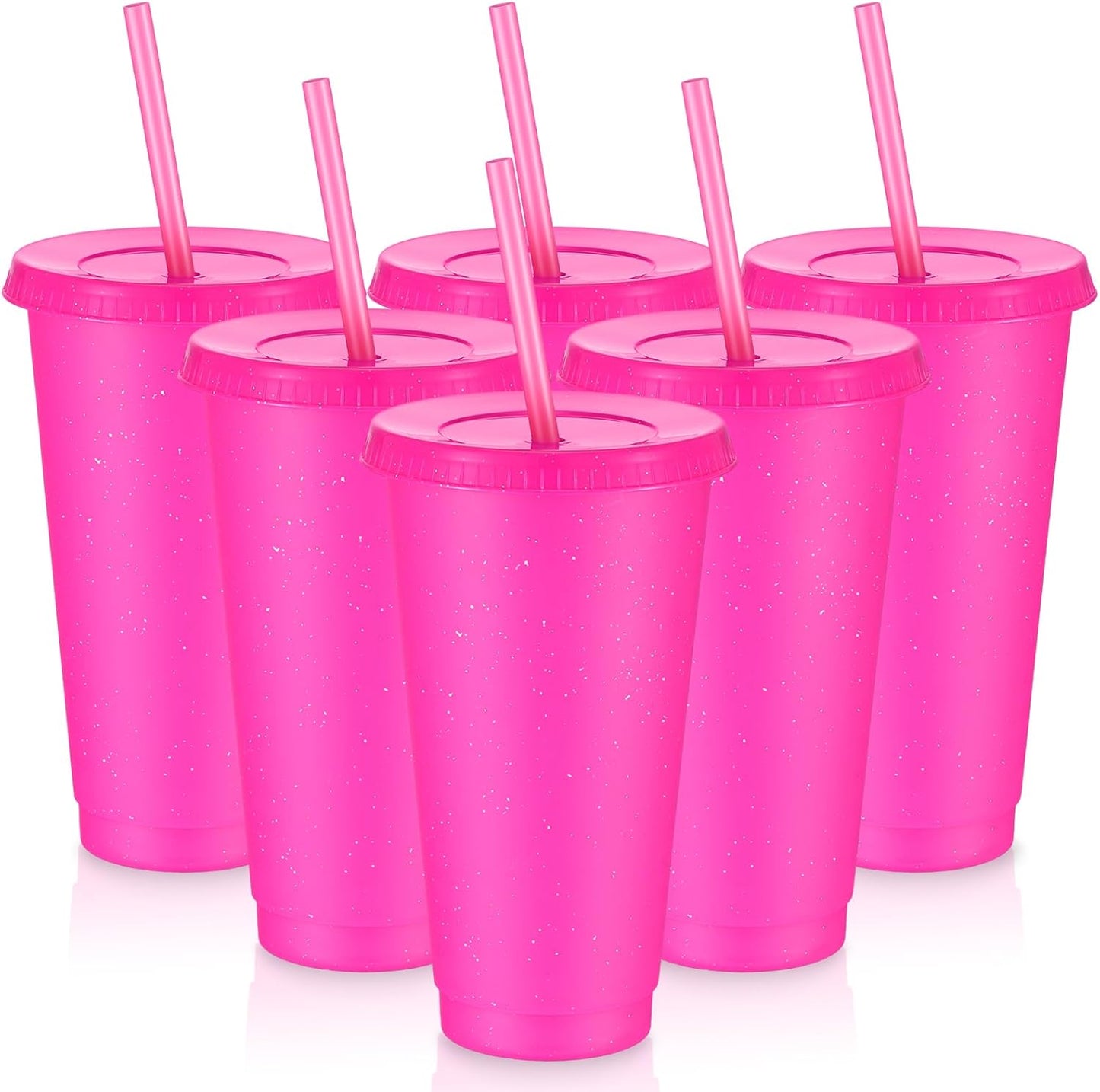 Uiifan 6 Pcs 24 oz Reusable Tumbler with Lids and Straws Plastic Iced Coffee Tumbler Glitter Travel Mug Cup for Smoothie Juices Birthday Party Cold Drink Coffee Cup Bulk for Adult Kid Women (Clear)