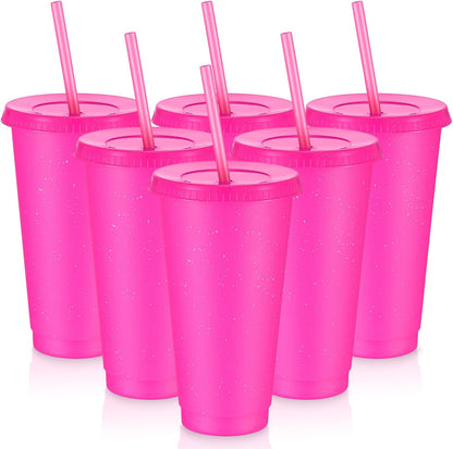Uiifan 6 Pcs 24 oz Reusable Tumbler with Lids and Straws Plastic Iced Coffee Tumbler Glitter Travel Mug Cup for Smoothie Juices Birthday Party Cold Drink Coffee Cup Bulk for Adult Kid Women (Clear)