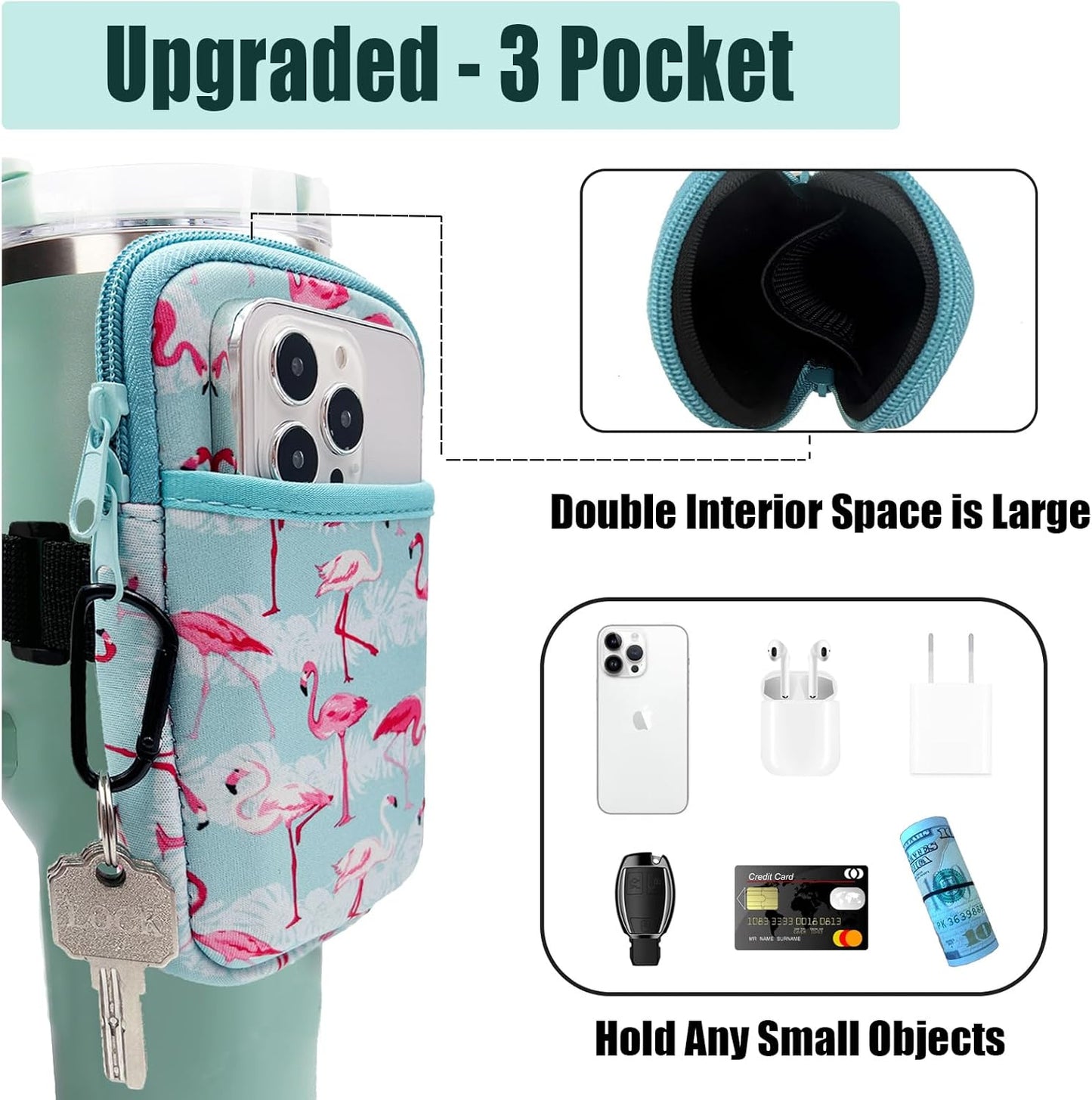 LMYUHONG Water Bottle Pouch For Stanley cup accessories 40oz 20oz 30oz,tumbler pouch with Versatile Pocket, for Cards, Keys,Earphone. Fits for Phones, Use for Running, Walking, Hiking,Biking,DeepPink