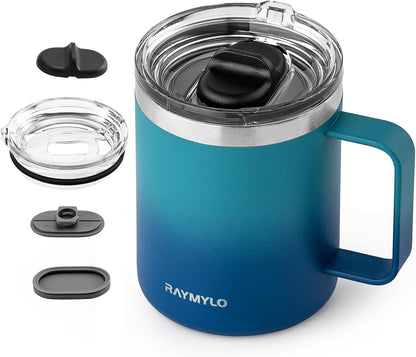 RAYMYLO Insulated Coffee Mug 12 oz, Double Wall Stainless Steel Coffee Mug with Lids, Leak-Proof & Detachable Slider Lid for Thorough Clean, Keeps Coffee Cold for 9 Hrs, Suitable for Camp Home Office