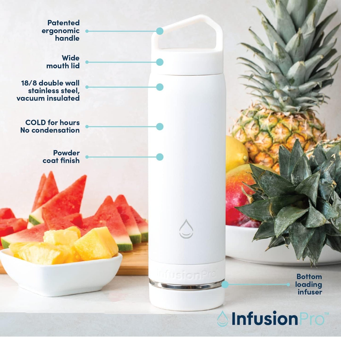 Infusion Pro Fruit Infuser Water Bottle with Straw Lid (32 oz) Stainless Steel Vacuum Insulated : 50 Recipe Fruit Infusion eBook : More Flavor : Easy Cleaning : Great Gift