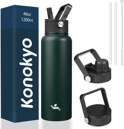 Konokyo 22oz Stainless Steel Bottles with 3 Lids Sport Insulated Water Bottle,Mint