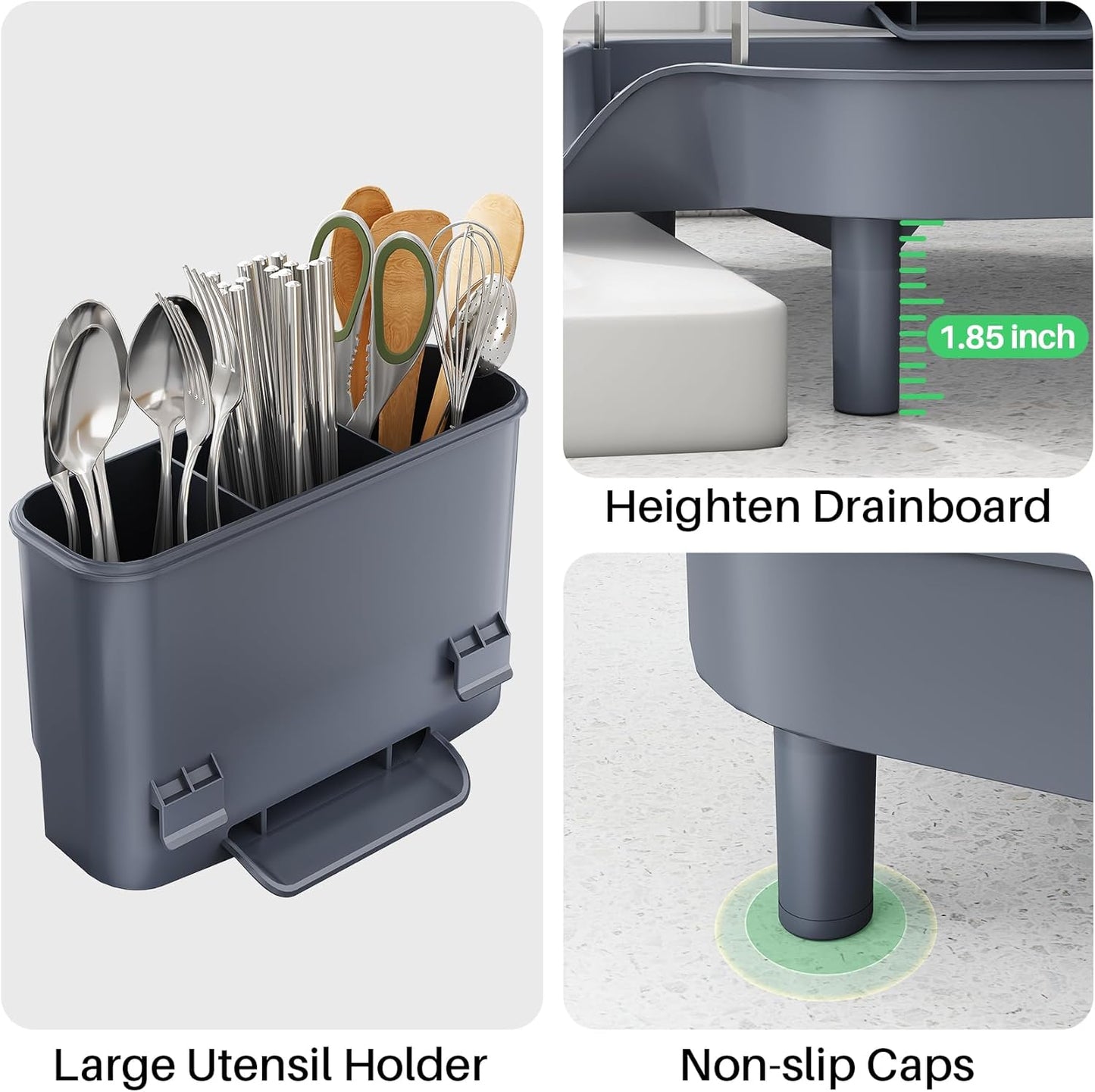 SAYZH Dish Drying Rack - Expandable Dish Rack for Kitchen Counter, Rust-Resistant Dish Drainer with Utensil Holder and Raised Guardrail, Kitchen Organizer for Cup and Bottle (Black)