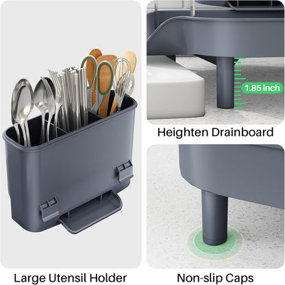 SAYZH Dish Drying Rack - Expandable Dish Rack for Kitchen Counter, Rust-Resistant Dish Drainer with Utensil Holder and Raised Guardrail, Kitchen Organizer for Cup and Bottle (Black)