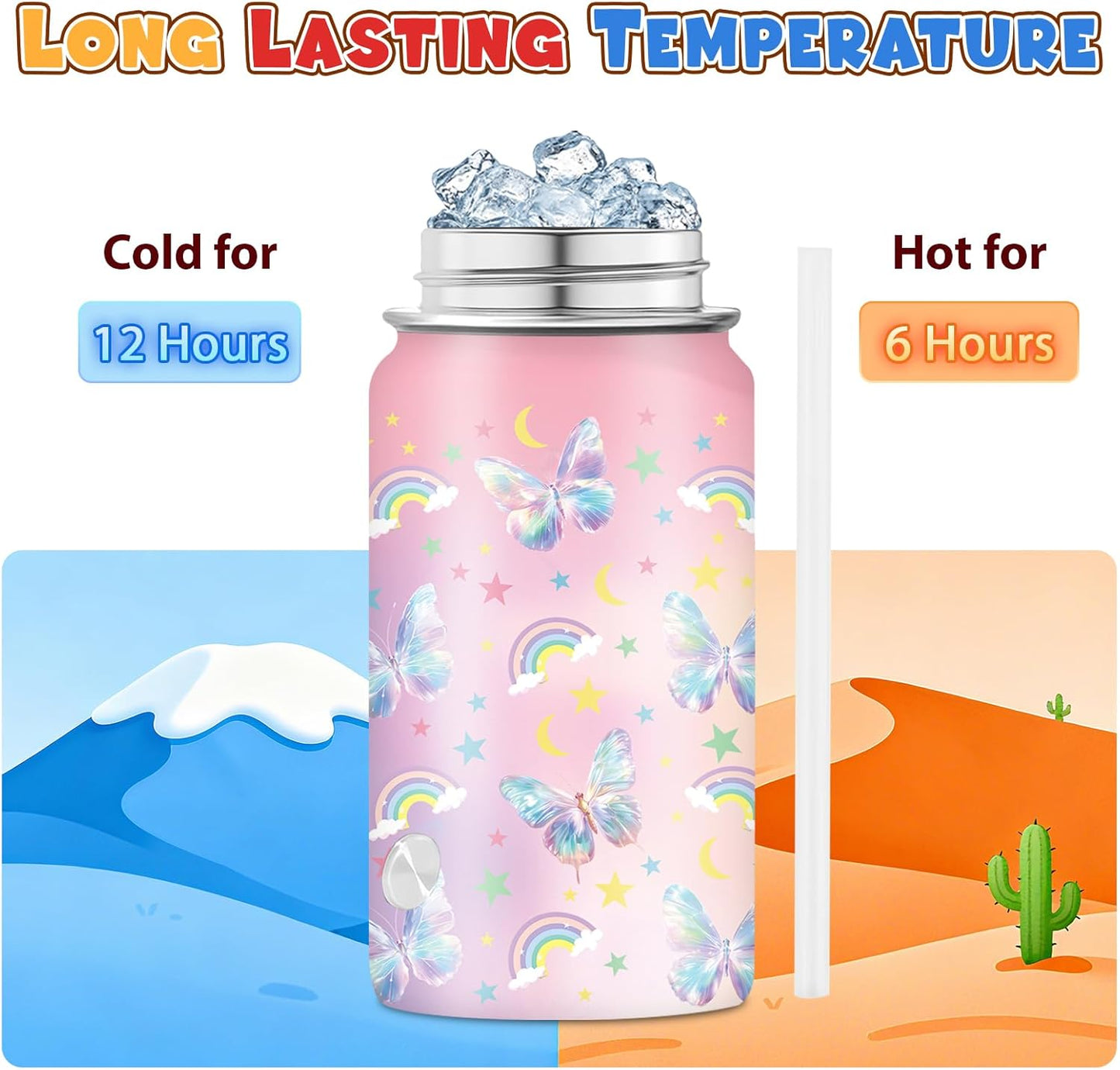 Strawberry Gifts for Kids - 16oz Pink Kids Water Bottle with Straw Lid, Stainless Steel Insulated Water Bottle, Leakproof, BPA-Free, for Girls, School, Strawberry Lover Children Birthday Gift Cup(1pc)