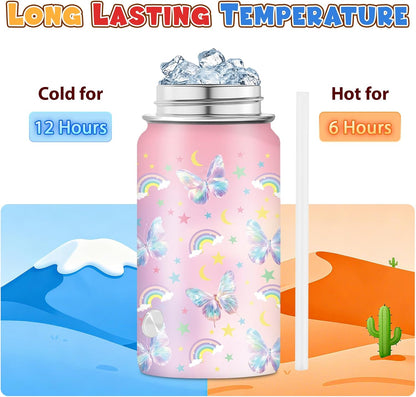 Strawberry Gifts for Kids - 16oz Pink Kids Water Bottle with Straw Lid, Stainless Steel Insulated Water Bottle, Leakproof, BPA-Free, for Girls, School, Strawberry Lover Children Birthday Gift Cup(1pc)