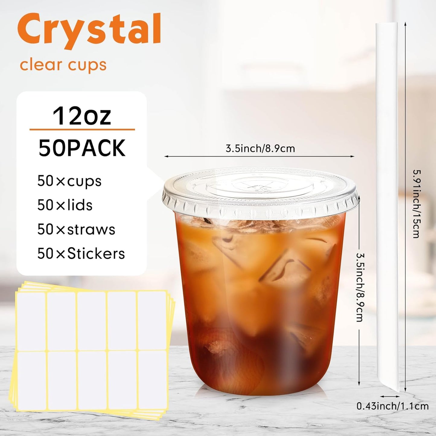 Ziliny 50 Sets Crystal Clear Plastic Cups with Lids, Straws and Stickers, Disposable Iced Coffee Cups Thickened PET for Iced Coffee, Bubble BobaTea, Smoothie, Cold Drinks, Juice, Shops (12 oz)