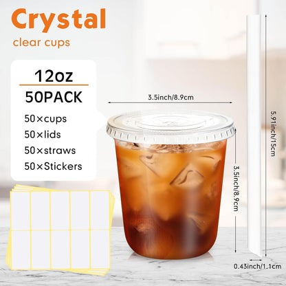 Ziliny 50 Sets Crystal Clear Plastic Cups with Lids, Straws and Stickers, Disposable Iced Coffee Cups Thickened PET for Iced Coffee, Bubble BobaTea, Smoothie, Cold Drinks, Juice, Shops (12 oz)