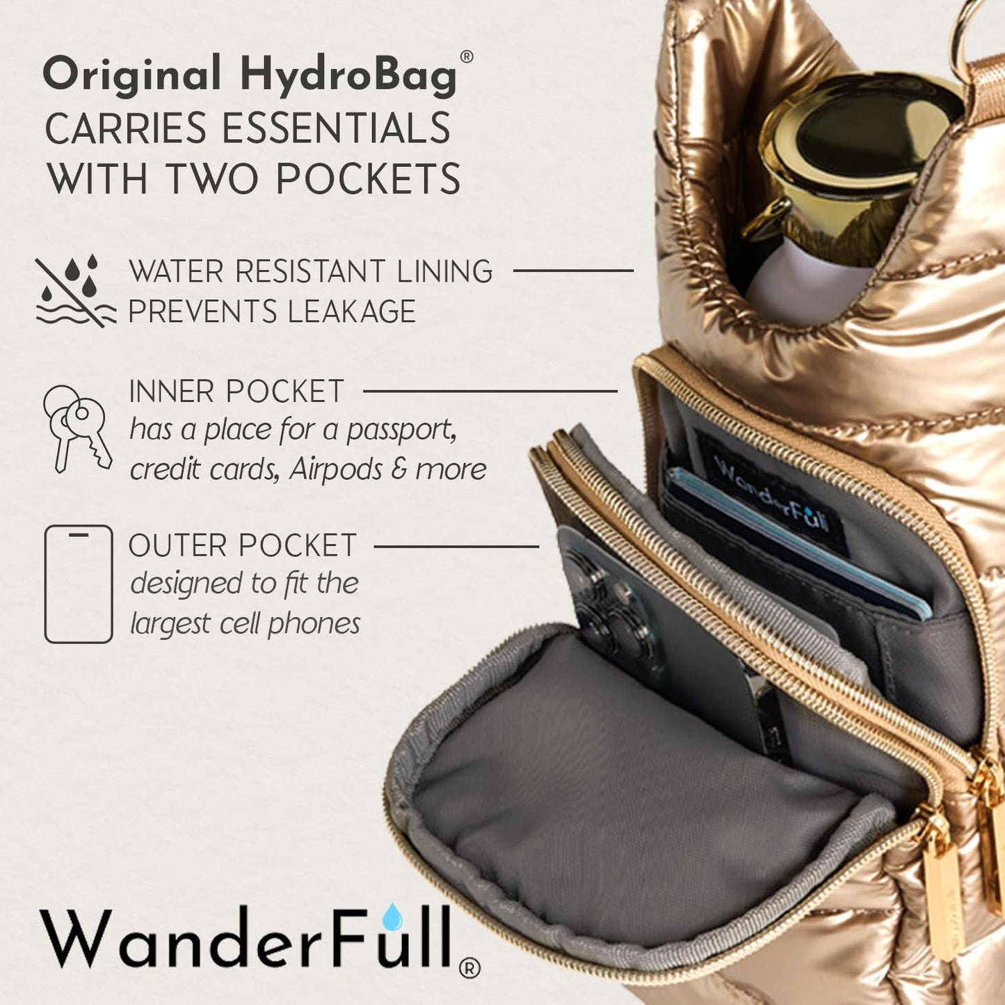 WanderFull Original HydroBag Fits Up to 32 oz Water Bottle Holder with Strap – Hands-Free Crossbody Water Bottle Carrier Bag with Phone Pocket - Colors B