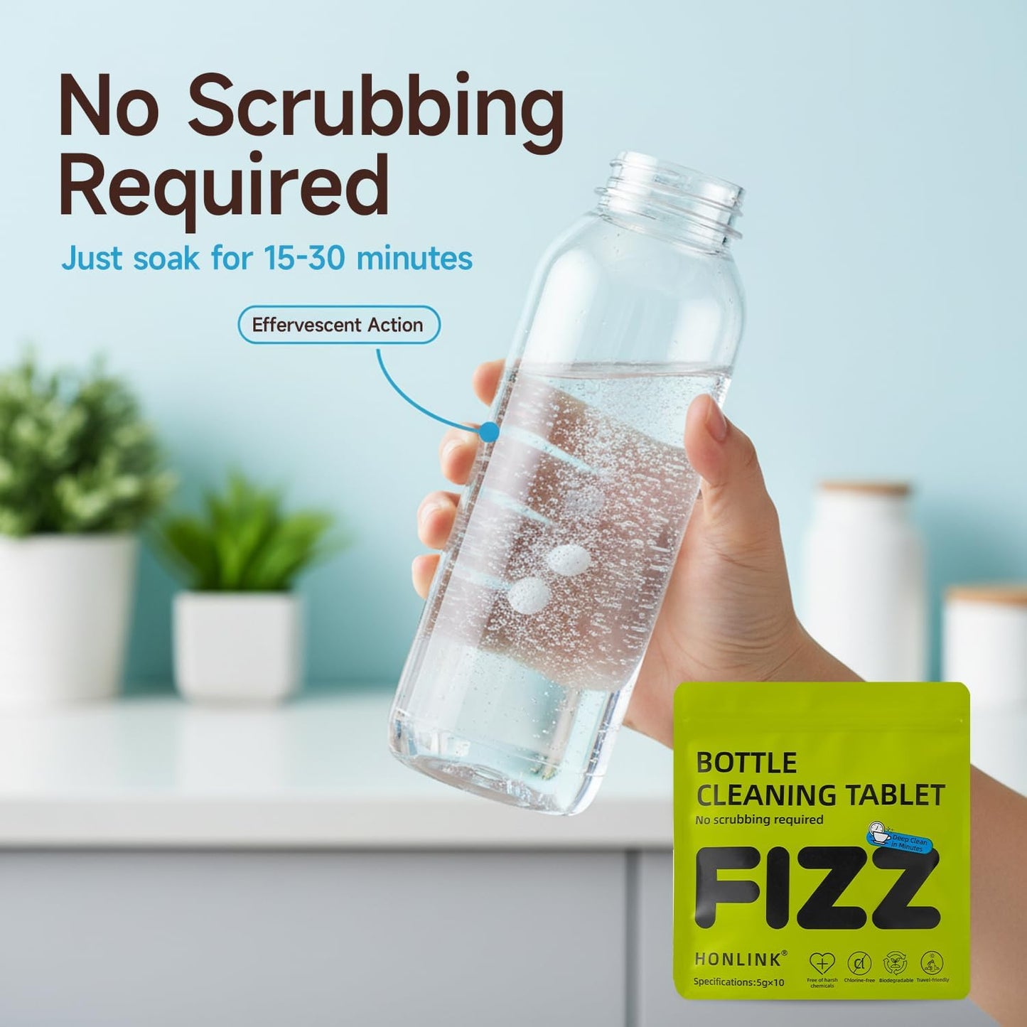 Bottle Cleaning Tablets for Water Bottles, Tumblers & Straws – No Scrubbing Cleaner Tablets Remove Odor & Residue for Insulated Bottles, Protein Shakers, Coffee Cups & Lids, 10 Count