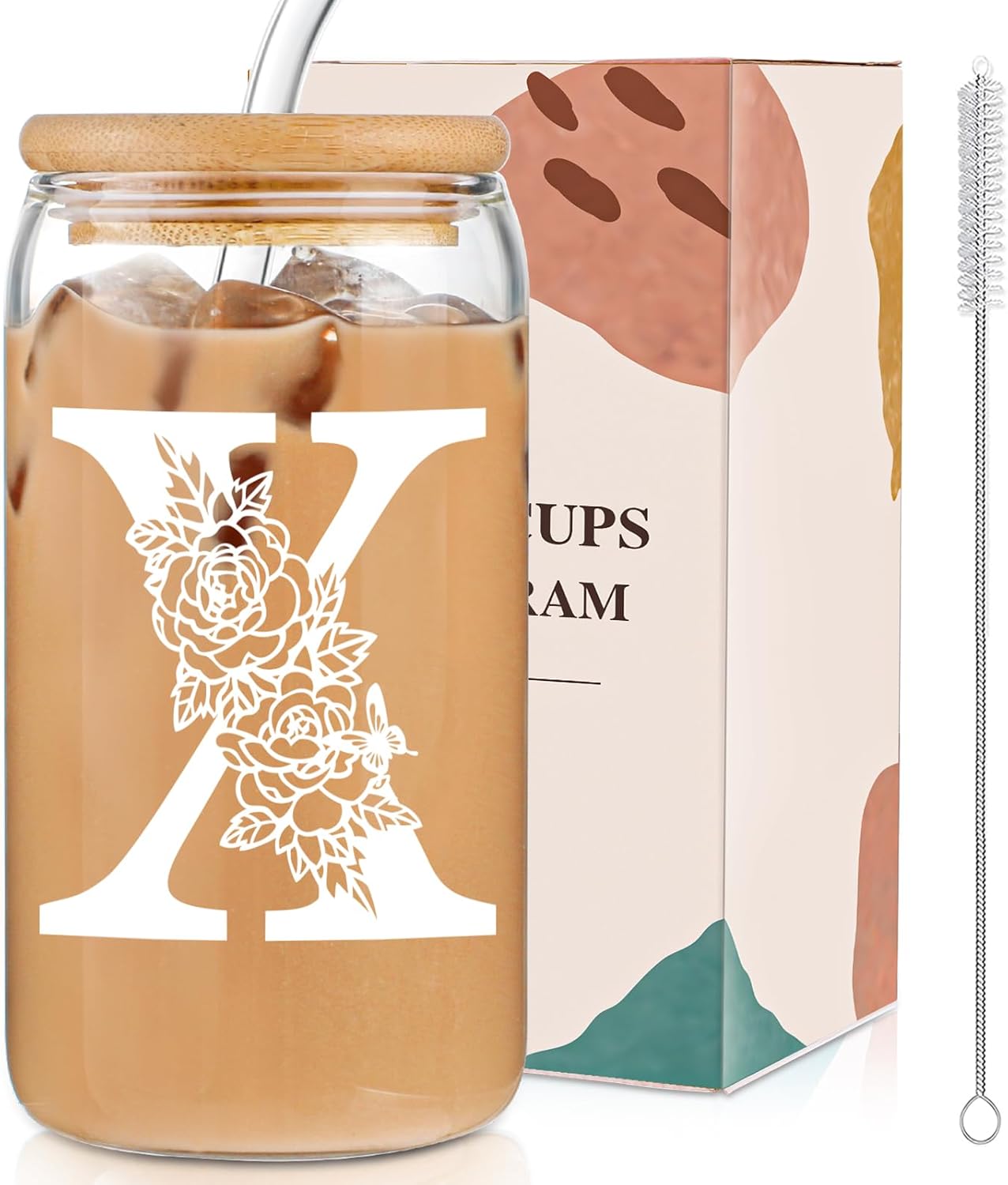 Glass Cups with Lids and Straws: Personalized Initial Glass Cup Be Used As Reusable Iced Coffee Cups with Lids,Cute Matcha Tumbler - The Christmas/Birthday Gifts for Women - M Smoothie Cup