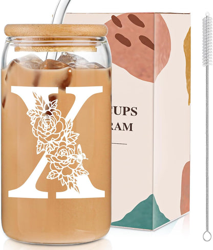 Glass Cups with Lids and Straws: Personalized Initial Glass Cup Be Used As Reusable Iced Coffee Cups with Lids,Cute Matcha Tumbler - The Christmas/Birthday Gifts for Women - M Smoothie Cup