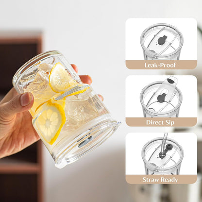 INSETLAN 13oz Portable Glass Tumblers Set of 2, Thick Wall Glass Cups with Lid and Glass Straw, On-the-Go Coffee Cups for Iced Coffee, Tea, Milk, Hot & Cold Drinks, Travel & Daily Use