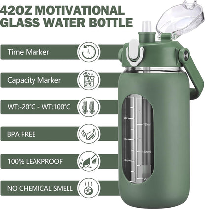 64oz Glass Water Bottles with Straw, Half Gallon Motivational Glass Bottle with Silicone Sleeve and Time Marker, 2L Leakproof Large Glass Water Jug for Gym Home Office,olive