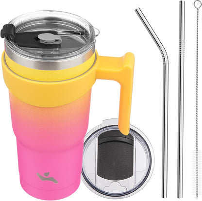 Konokyo 20 oz Tumbler with Handle and 2 Straw 2 Lid, Insulated Water Bottle Stainless Steel Vacuum Cup Reusable Travel Mug,Black