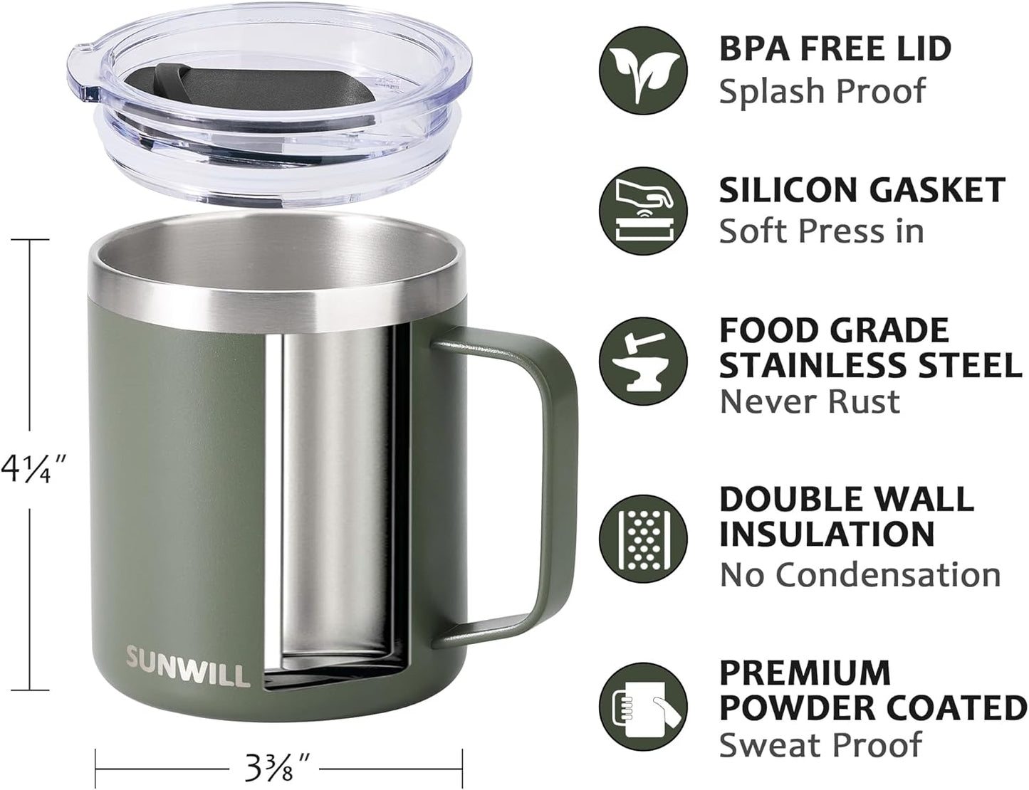 SUNWILL Travel Coffee Mug with Lid, Insulated Tumbler with Handle, 14 oz Stainless Steel Cup for Ice, Water, Tea, Rose Gold