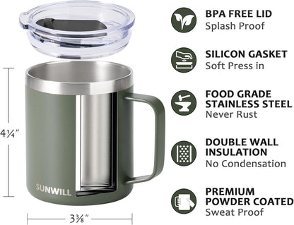 SUNWILL Travel Coffee Mug with Lid, Insulated Tumbler with Handle, 14 oz Stainless Steel Cup for Ice, Water, Tea, Rose Gold