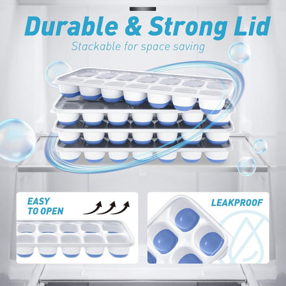 ChefAide 4‑Pack Ice Cube Trays with Lids, 56‑Cube Total Stackable Freezer Ice Trays, Durable Silicone & Plastic Easy‑Release Ice Molds for Cocktails, Coffee & Drinks