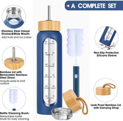 SipZest 32 oz Glass Water Bottle with Straw - Motivational Time Marker & Silicone Sleeve - Reusable Tumbler Includes 2 Bamboo Lids & Fruit Infuser - 1 Pack