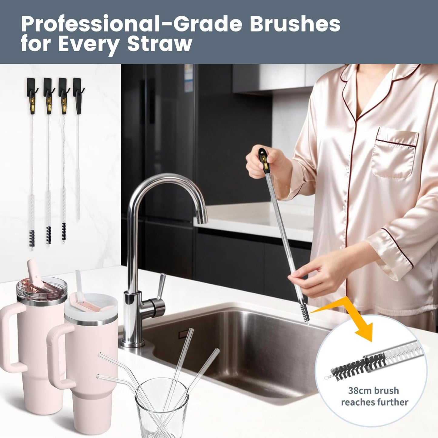 15 Inch Extra Long Straw Cleaner Brush Set, 5 Pcs Reusable Cleaning Brushes for Stanley 40 oz Tumbler, Owala, Yeti, Includes 4 Flexible Straw Brushes and 1 3-in-1 Cup Lid Gap Cleaning Tool(Pink)