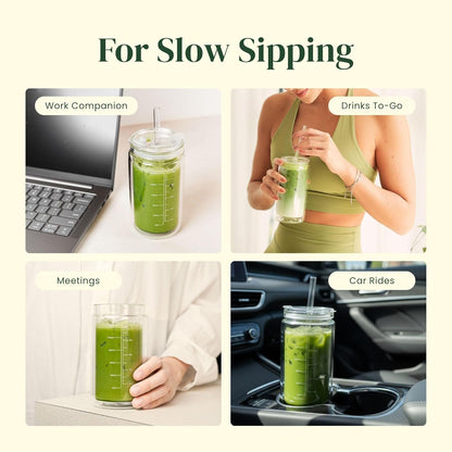 Crafti Slow Sippin' Glass Tumbler with Straw & Lid – 11.8oz / 350ml Double-Walled Glass Coffee Cup, Matcha Cup with Volume Markings, Tritan® Straw & Cleaner – Reusable, BPA-Free Iced Coffee Tumbler
