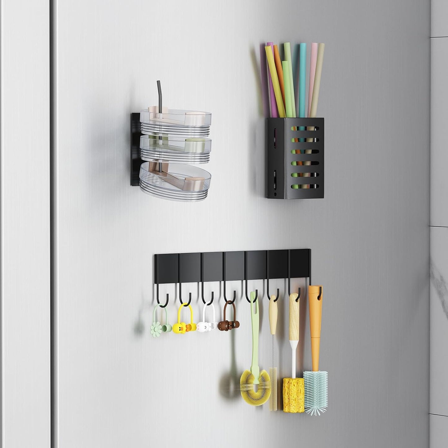 Magnetic Cup Holder for Fridge, Aufworld Tumbler Organizer Fits 20/30/40 oz Stanley Cups, Accessory Storage with Lid & Straw Holder, Space-Saving Storage Rack for Kitchen Fridge (Black-Cup Holder Set)
