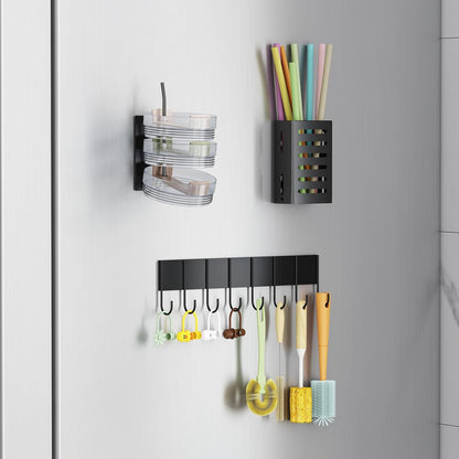Magnetic Cup Holder for Fridge, Aufworld Tumbler Organizer Fits 20/30/40 oz Stanley Cups, Accessory Storage with Lid & Straw Holder, Space-Saving Storage Rack for Kitchen Fridge (Black-Cup Holder Set)