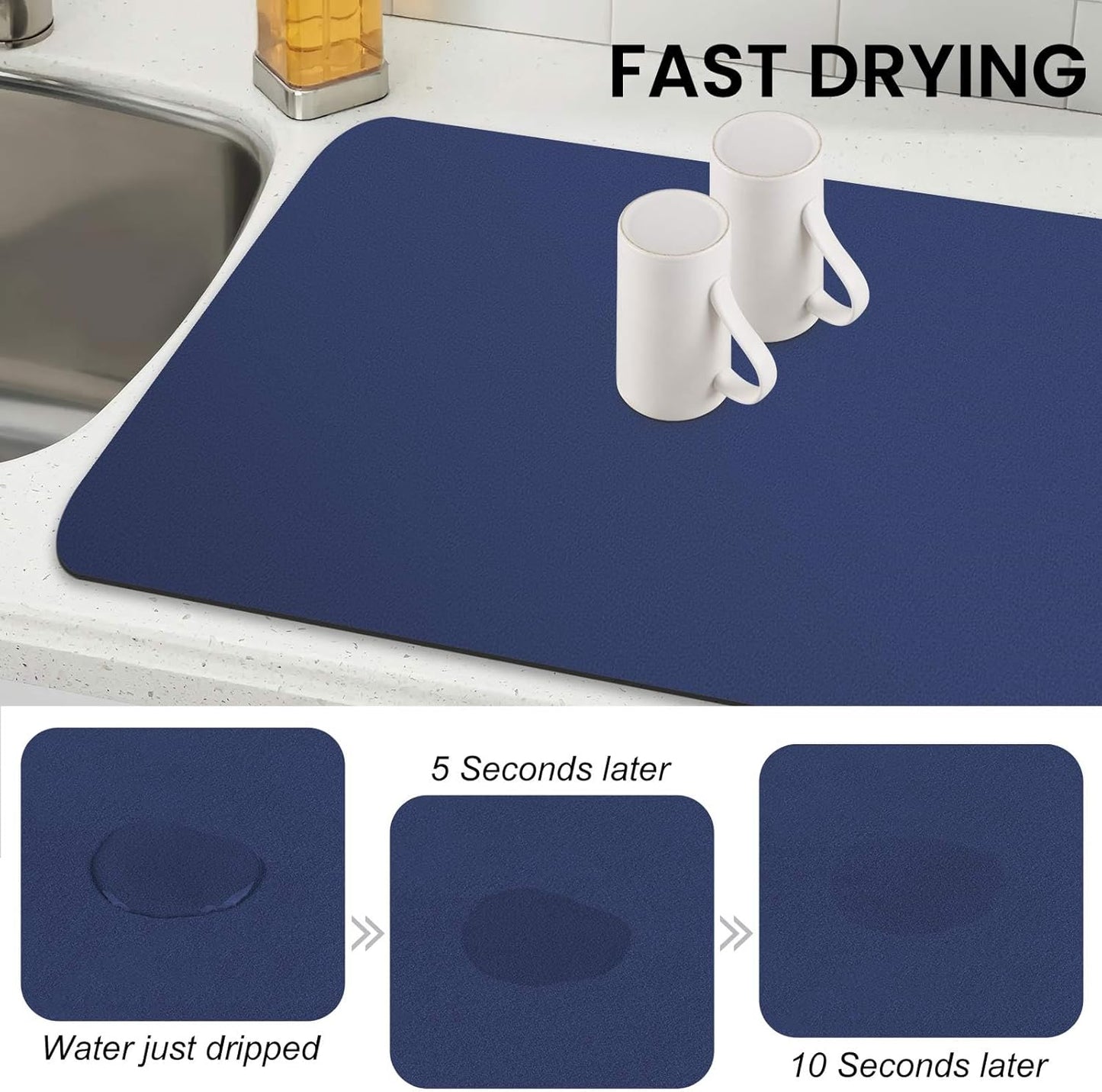 WISELIFE Dish Drying Mat Super Absorbent Drying Mat Large Dish Drying Mats for Kitchen Counter Easy Clean Dish Mat Kitchen Drying Mat15"x 18" Stylish Grey