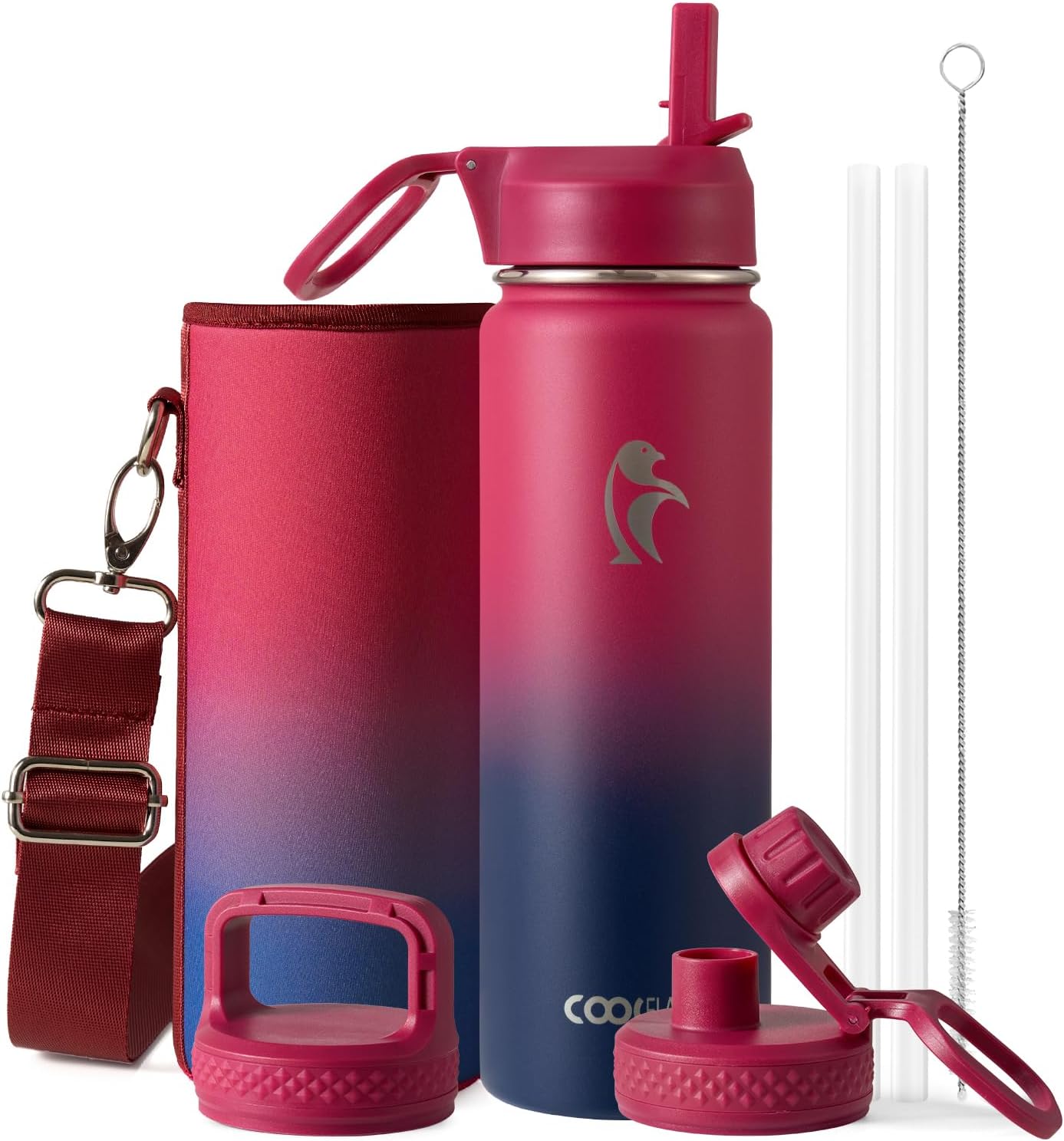 Half Gallon Water Bottle Insulated with Straw & 3 Lids, Coolflask 64 oz Water Jug Large Metal Stainless Steel Wide Mouth for Sports, Gym or Office, Non-BPA Keep Cold 48H Hot 24H, Samurai Cyan