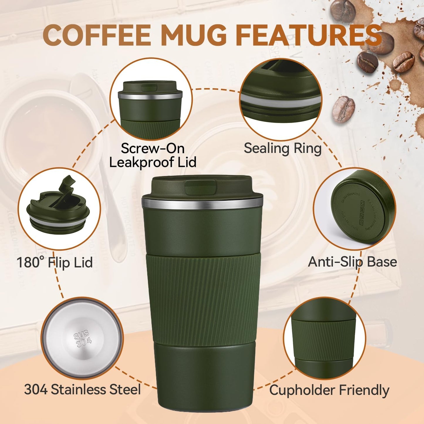 12OZ Travel Coffee Mug Insulated Coffee Cup with Spill Leak Proof Lid, Portable Stainless Steel Tumbler Reusable Hot and Cold Water Mug for Car, Daily, Camping- Blue