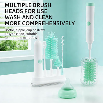 Rechargeable Electric Bottle Brush with Stand - 360° Spin Silicone Cleaner for Baby Bottles, Breast Pumps & Small Household Containers (Sea Blue)