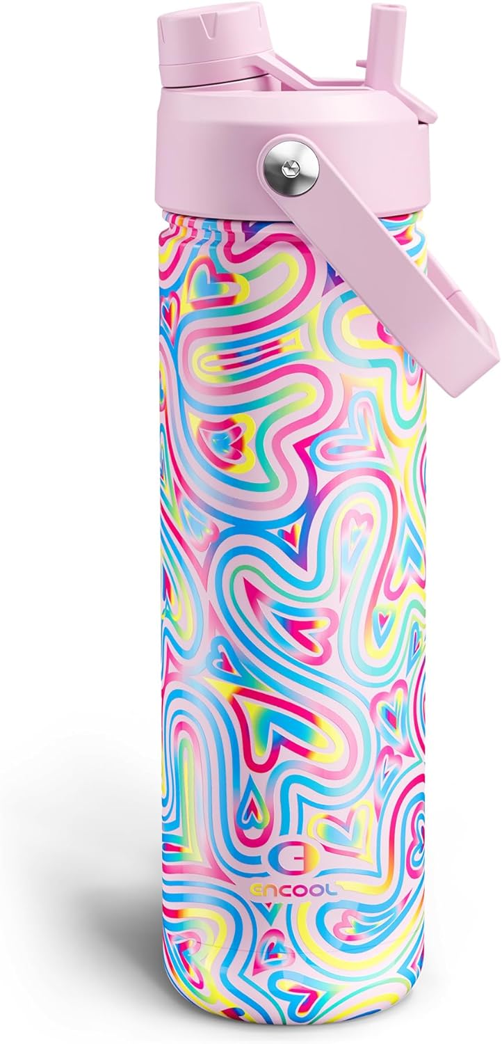 ENCOOL Insulated Water Bottle with Straw Stainless Steel Water Bottle, Leak-Proof, BPA-Free, Double Wall Vacuum Keeps Cold for 24 Hours for Sports, Travel, School (26 oz, Cotton Candy) - Colors B