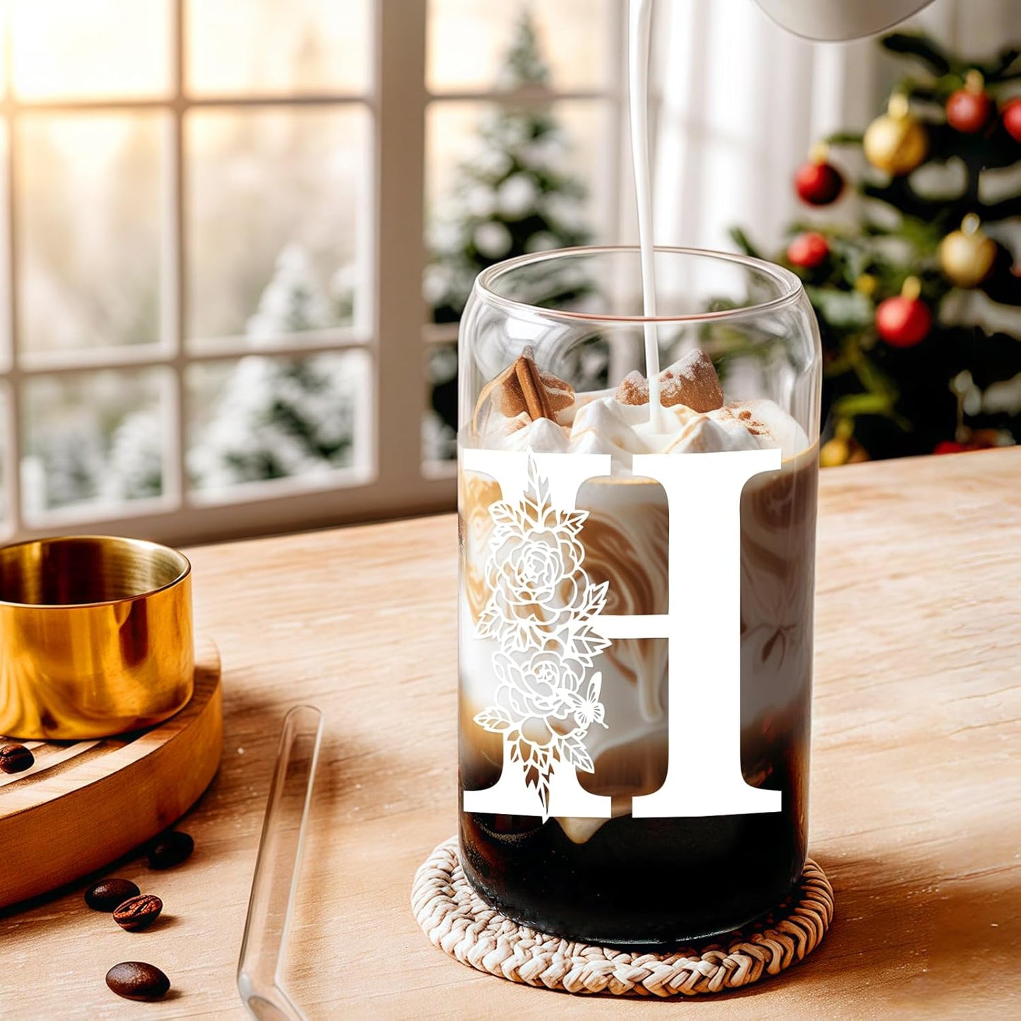 Glass Cups with Lids and Straws: Personalized Initial Glass Cup Be Used As Reusable Iced Coffee Cups with Lids,Cute Matcha Tumbler - The Christmas/Birthday Gifts for Women - M Smoothie Cup