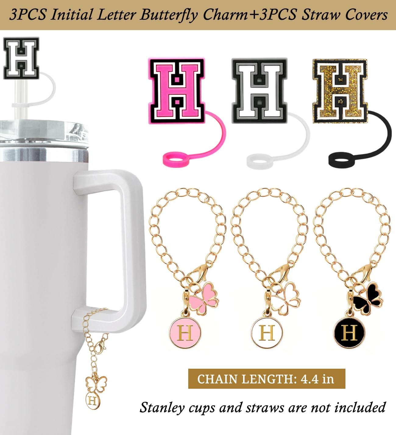 （3 +3) 3PCS Nuozme Straw Cover 10mm For Stanley Tumbler Cup Reusable Straw Cap Topper with 3 Initial Letter Charms Accessories Name ID Personalized Handle Charm For Stanley 30&40 Oz Cup Tumbler - Colors B