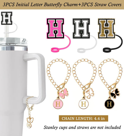 （3 +3) 3PCS Nuozme Straw Cover 10mm For Stanley Tumbler Cup Reusable Straw Cap Topper with 3 Initial Letter Charms Accessories Name ID Personalized Handle Charm For Stanley 30&40 Oz Cup Tumbler - Colors B
